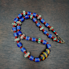 Vintage white heart Venetian Style Blue Chevron Glass Beads necklace N9-10