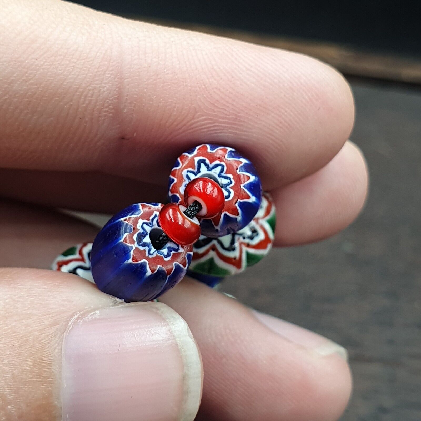 Vintage white heart Venetian Style Blue Chevron Glass Beads necklace N9-10