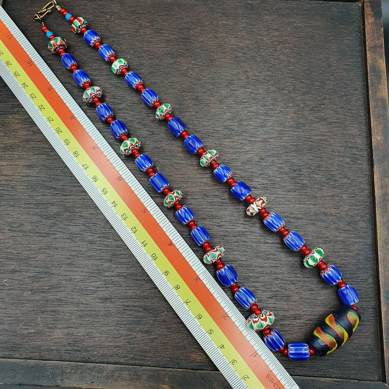 Vintage white heart Venetian Style Blue Chevron Glass Beads necklace N9-10