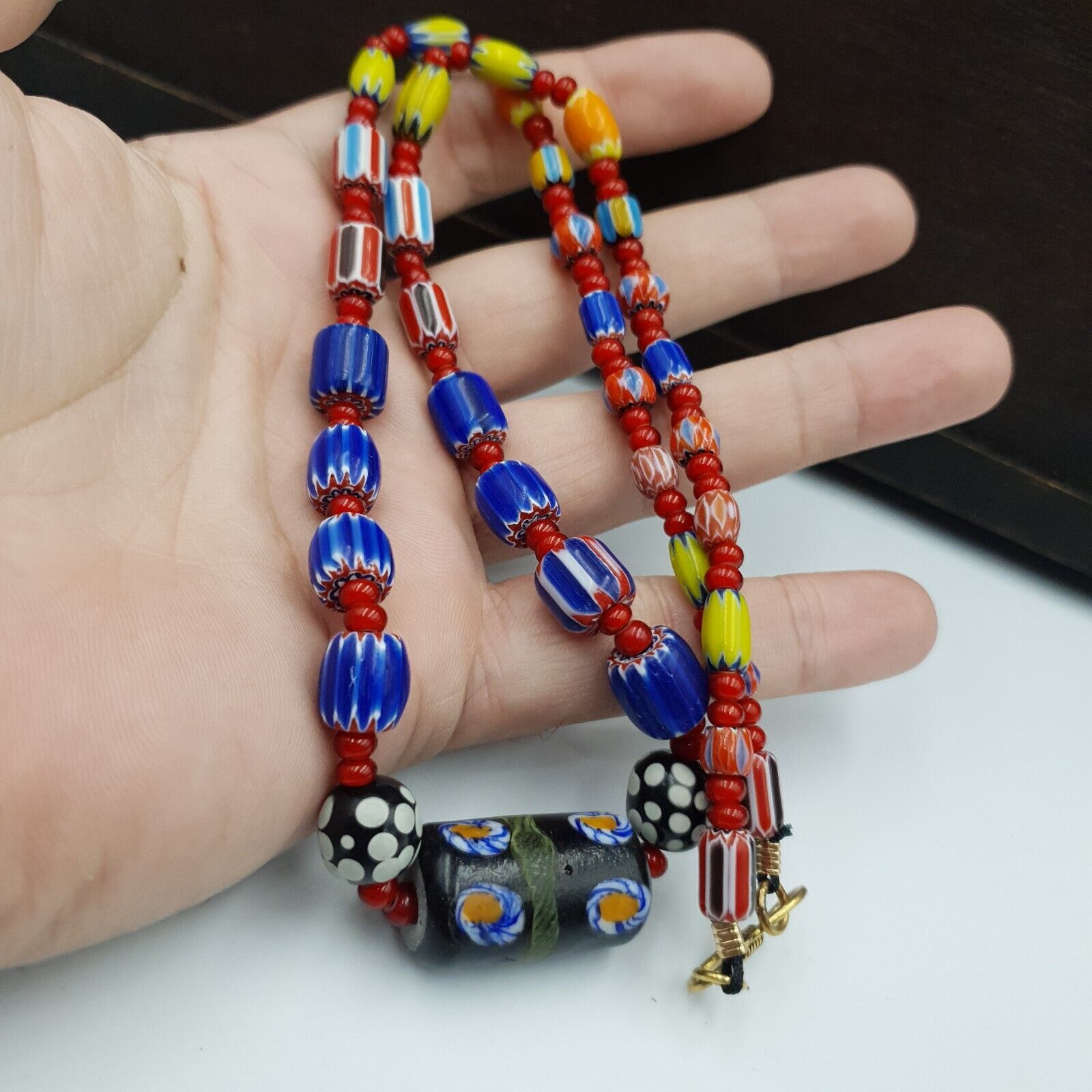 Antique white heart Venetian Style Blue Chevron Glass Beads necklace N9-6