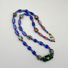 Antique white heart Venetian Style Blue Chevron Glass Beads necklace N9-8