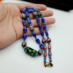 Antique white heart Venetian Style Blue Chevron Glass Beads necklace N9-8