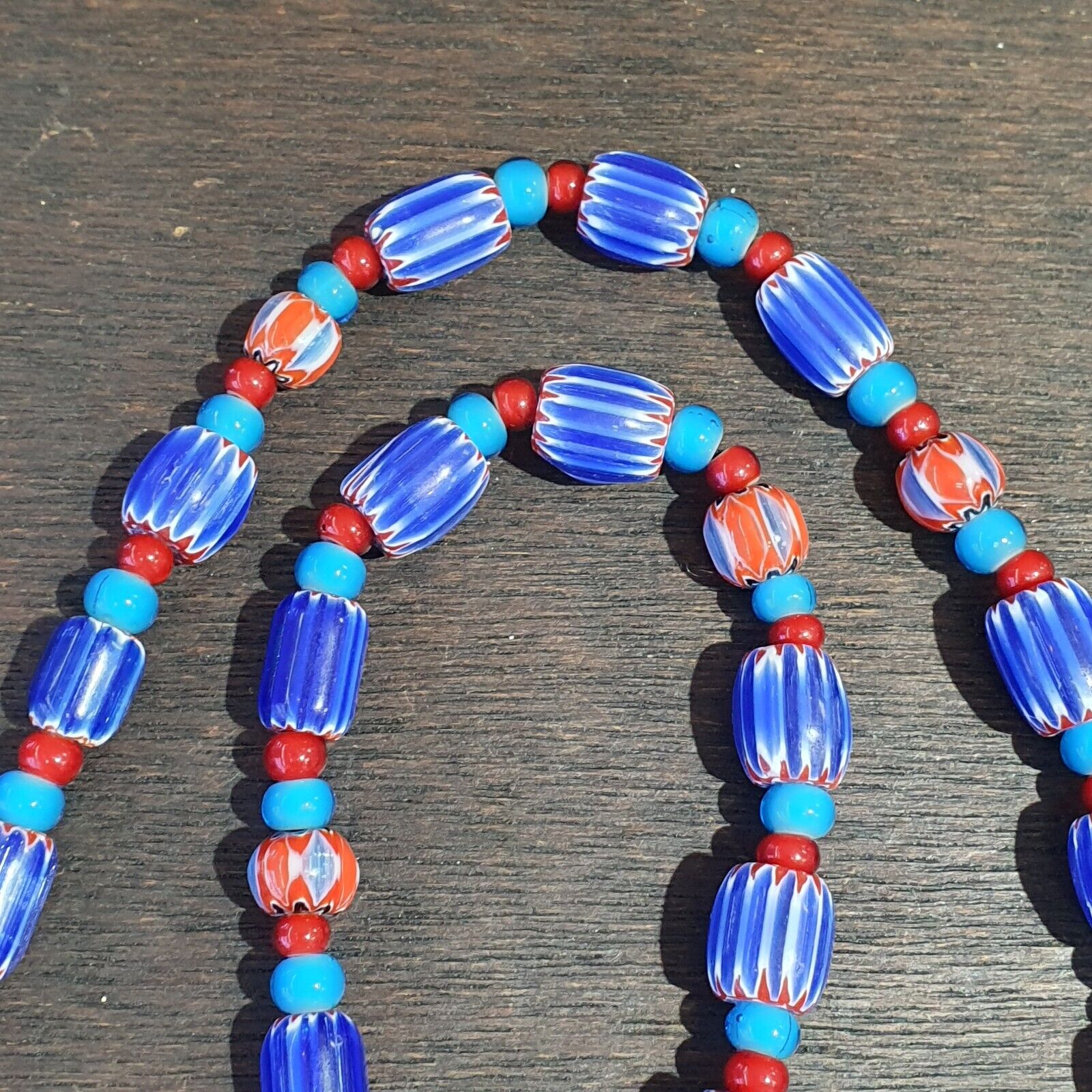 Antique white heart Venetian Style Blue Chevron Glass Beads necklace N9-1