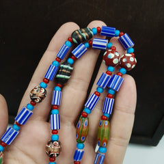 Antique white heart Venetian Style Blue Chevron Glass Beads necklace N94