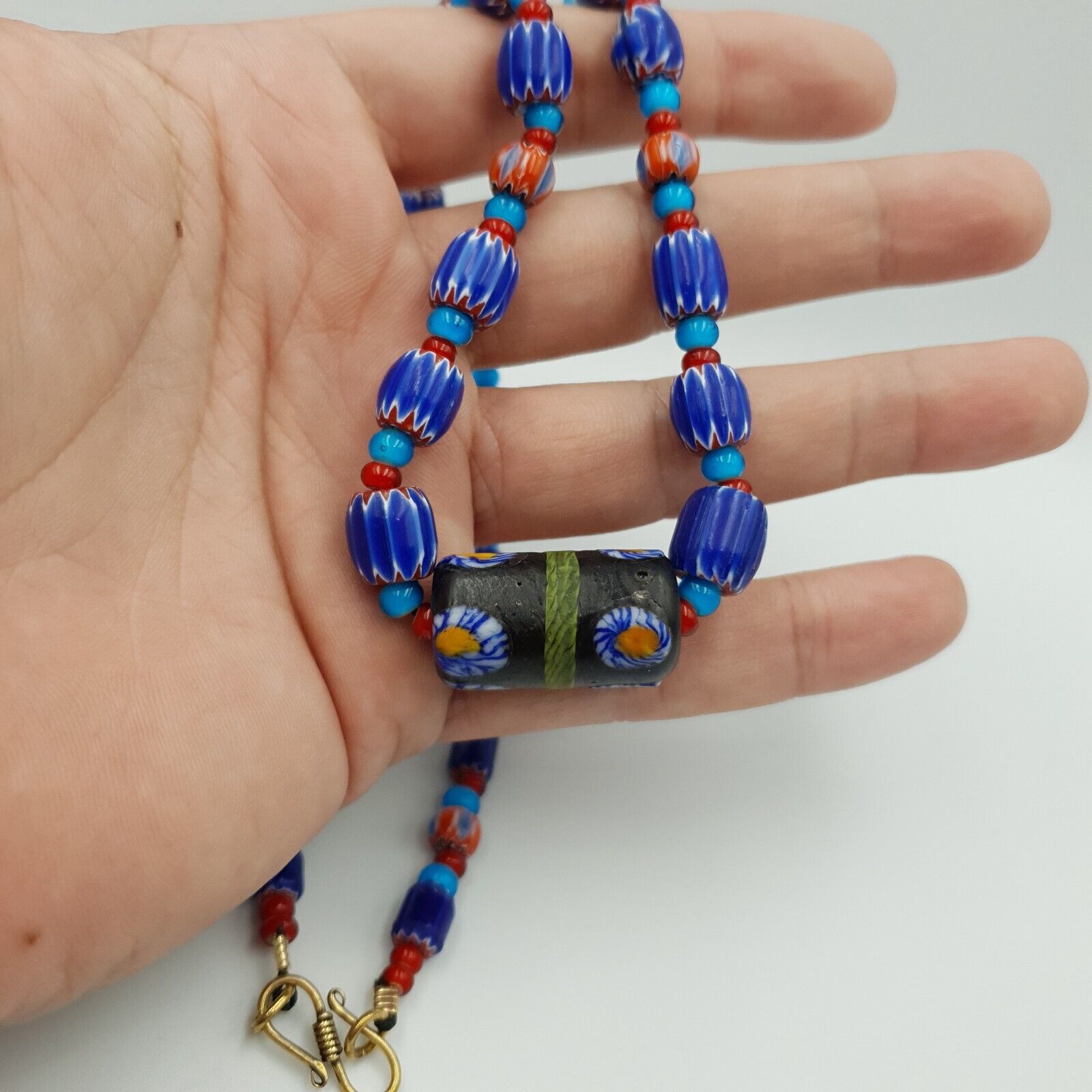 Antique white heart Venetian Style Blue Chevron Glass Beads necklace N9-1