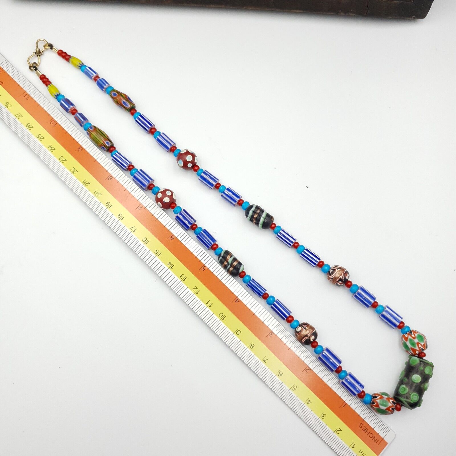 Antique white heart Venetian Style Blue Chevron Glass Beads necklace N94