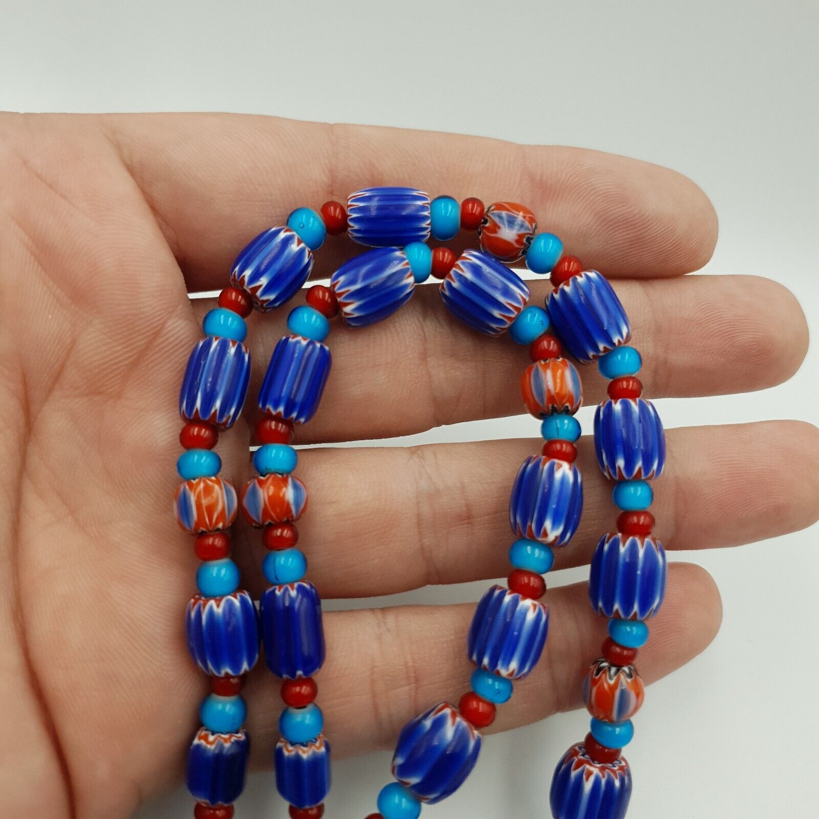 Antique white heart Venetian Style Blue Chevron Glass Beads necklace N9-1