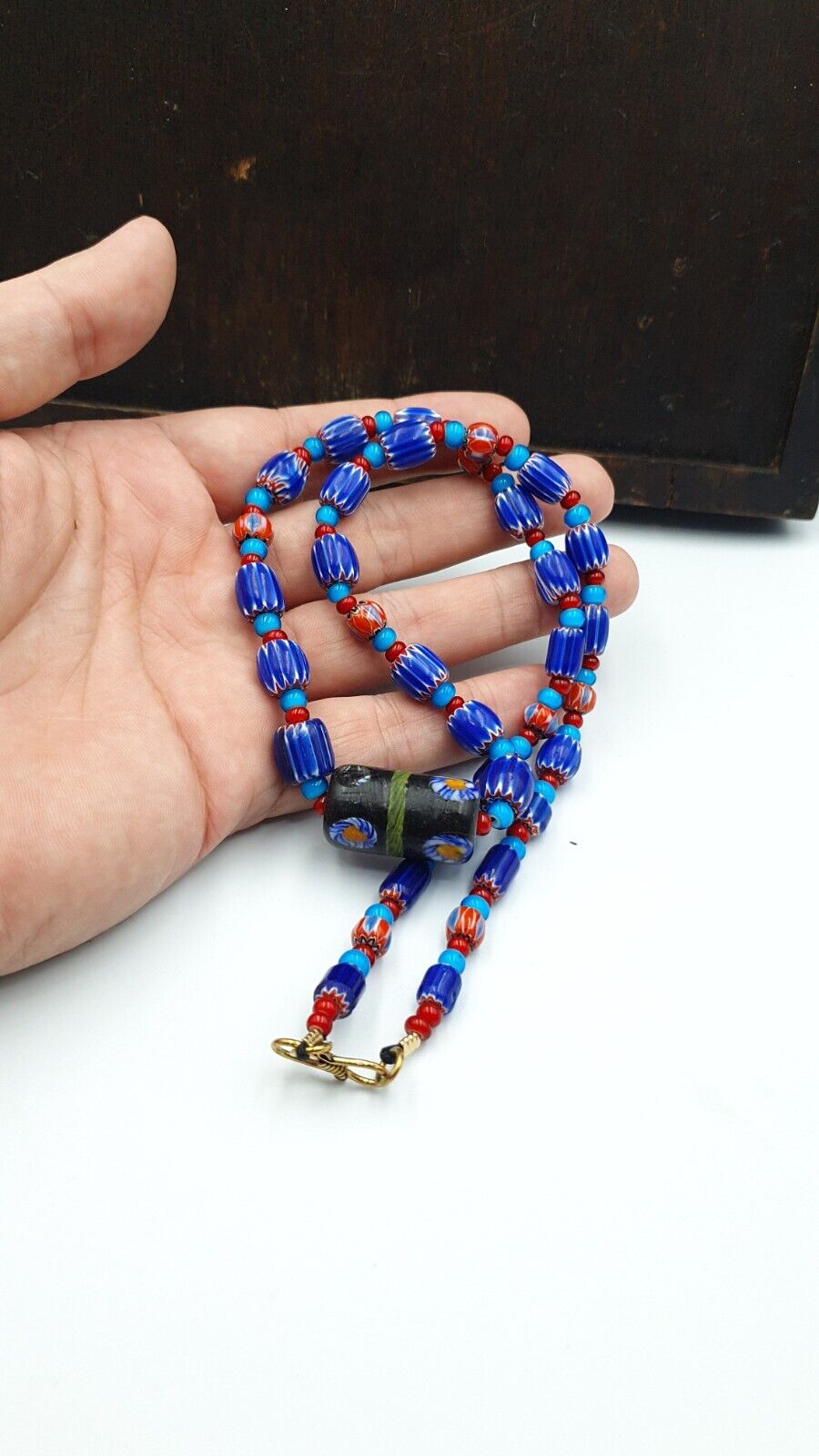 Antique white heart Venetian Style Blue Chevron Glass Beads necklace N9-1