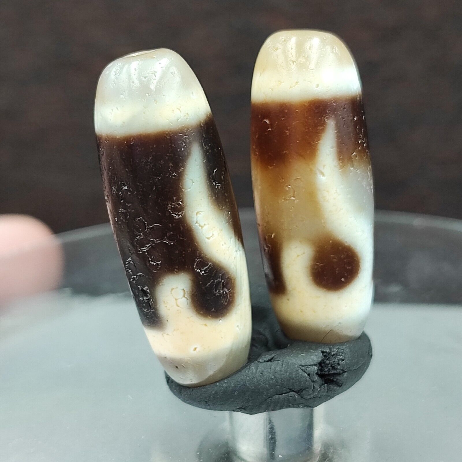 2 Antique Tibetan Buddhism Unique pattern Agate stone Dzi Bead Amulet HDQ-9-4