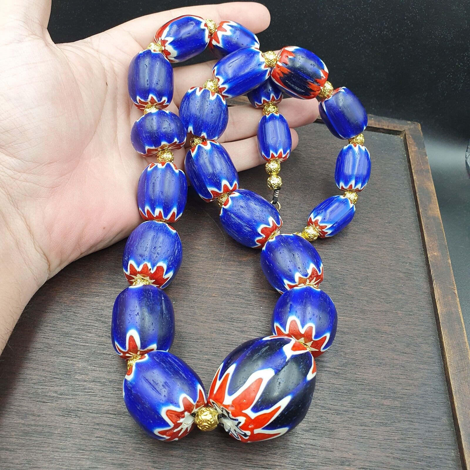 600g Vintage Old Blue Chevron Venetian Style Trade beads 40mm Beads Necklace