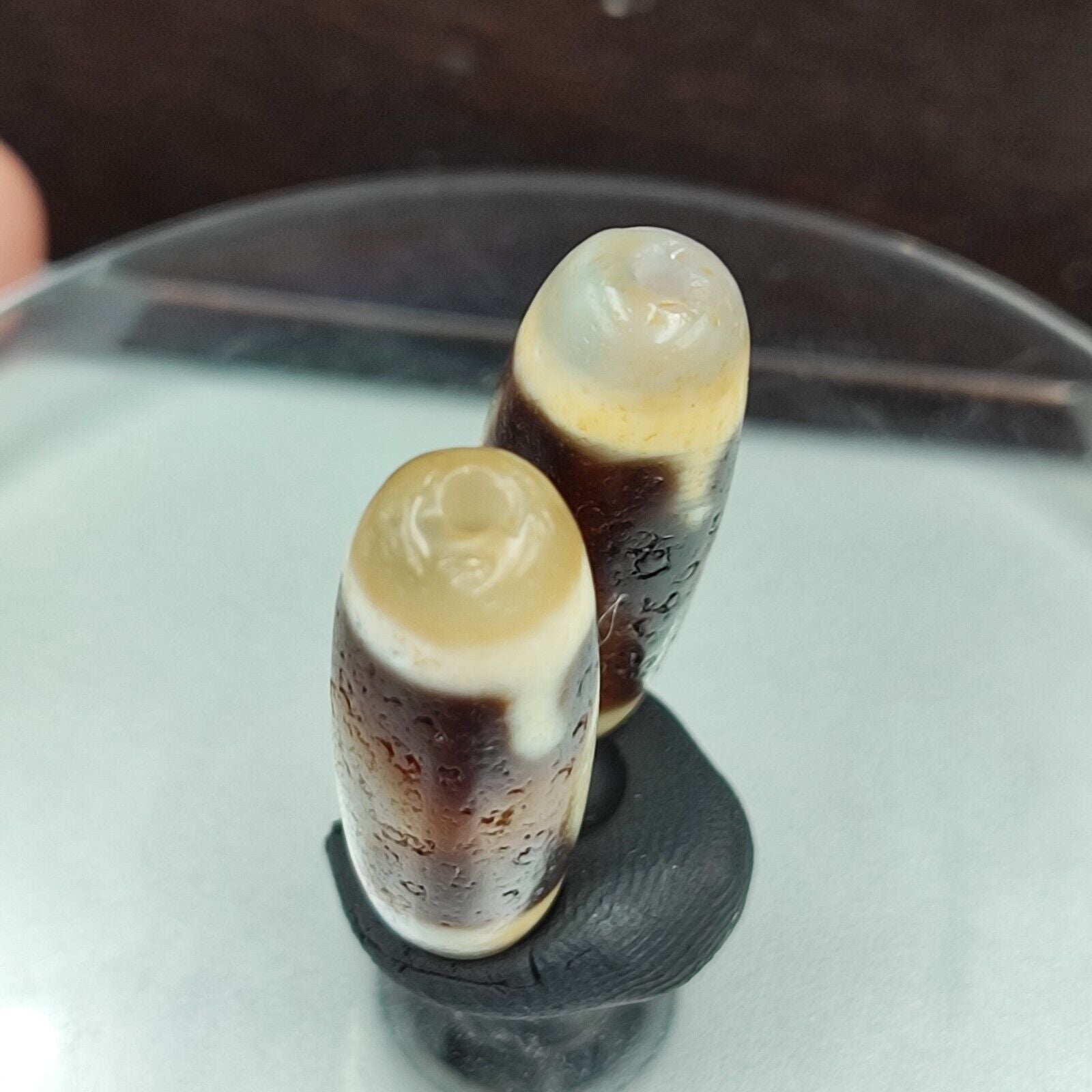 2 Antique Tibetan Buddhism Unique pattern Agate stone Dzi Bead Amulet HDQ-9-4