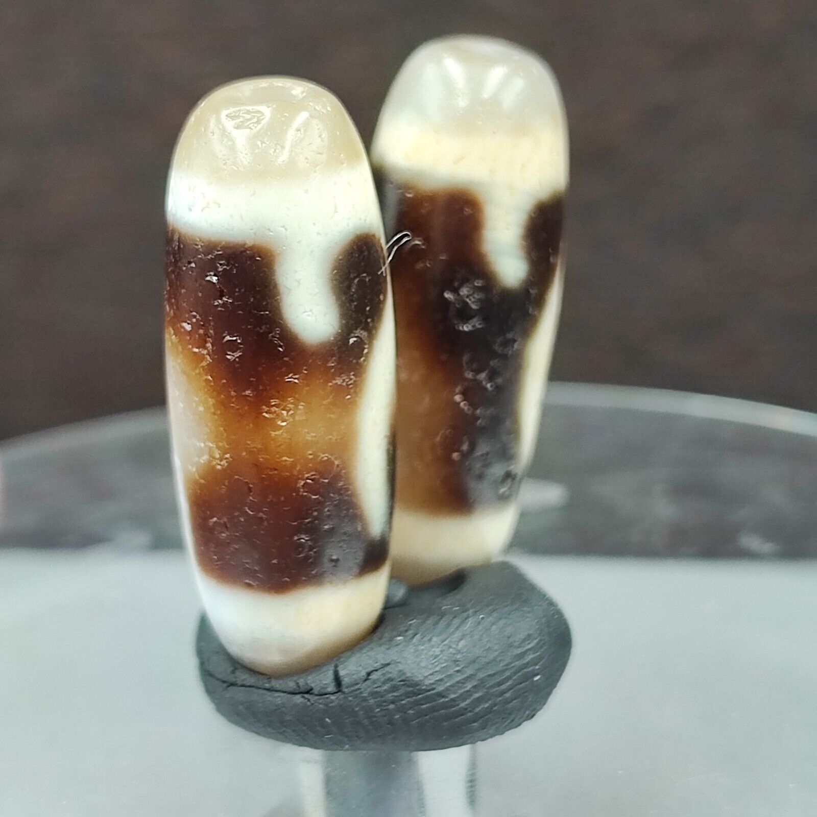 2 Antique Tibetan Buddhism Unique pattern Agate stone Dzi Bead Amulet HDQ-9-4