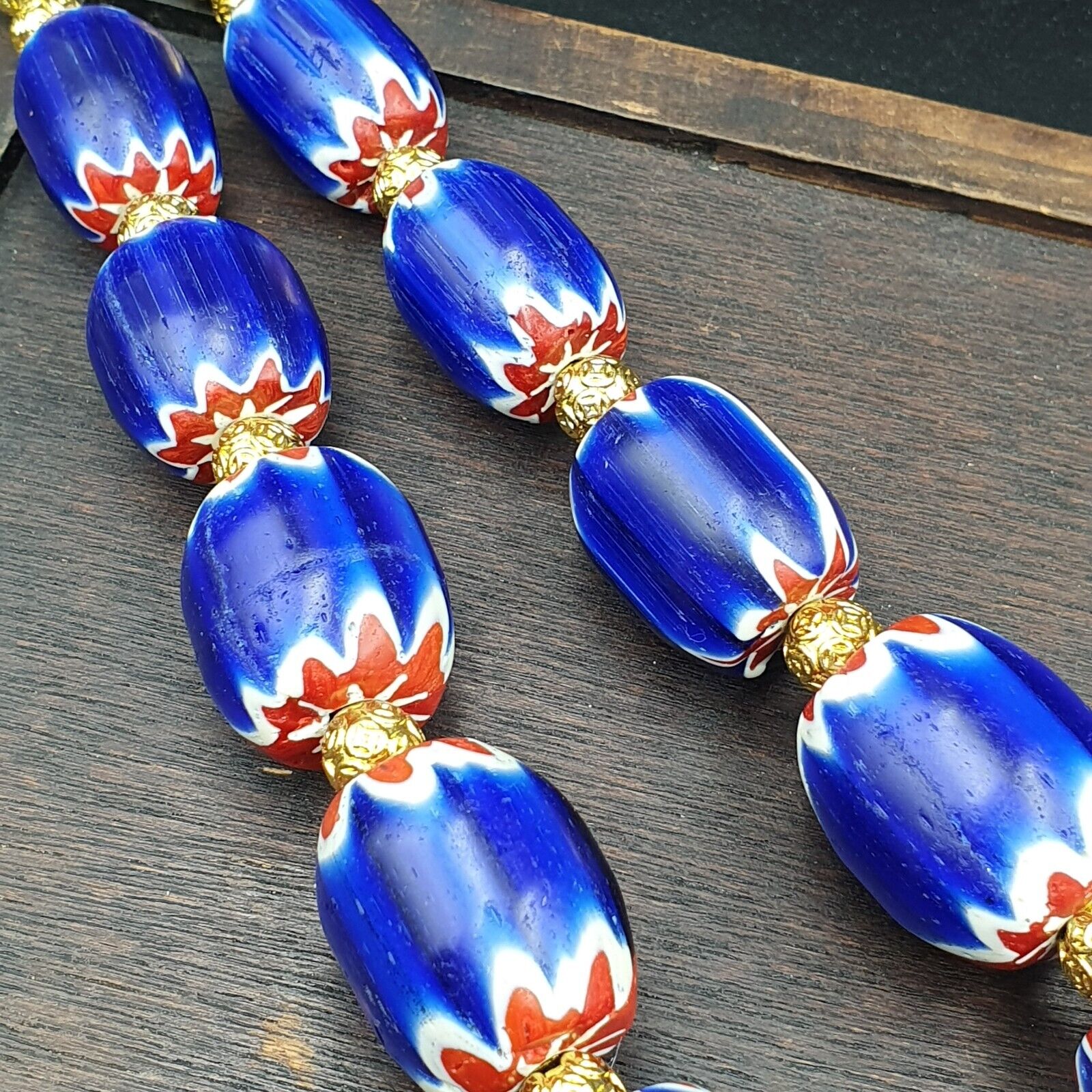 600g Vintage Old Blue Chevron Venetian Style Trade beads 40mm Beads Necklace