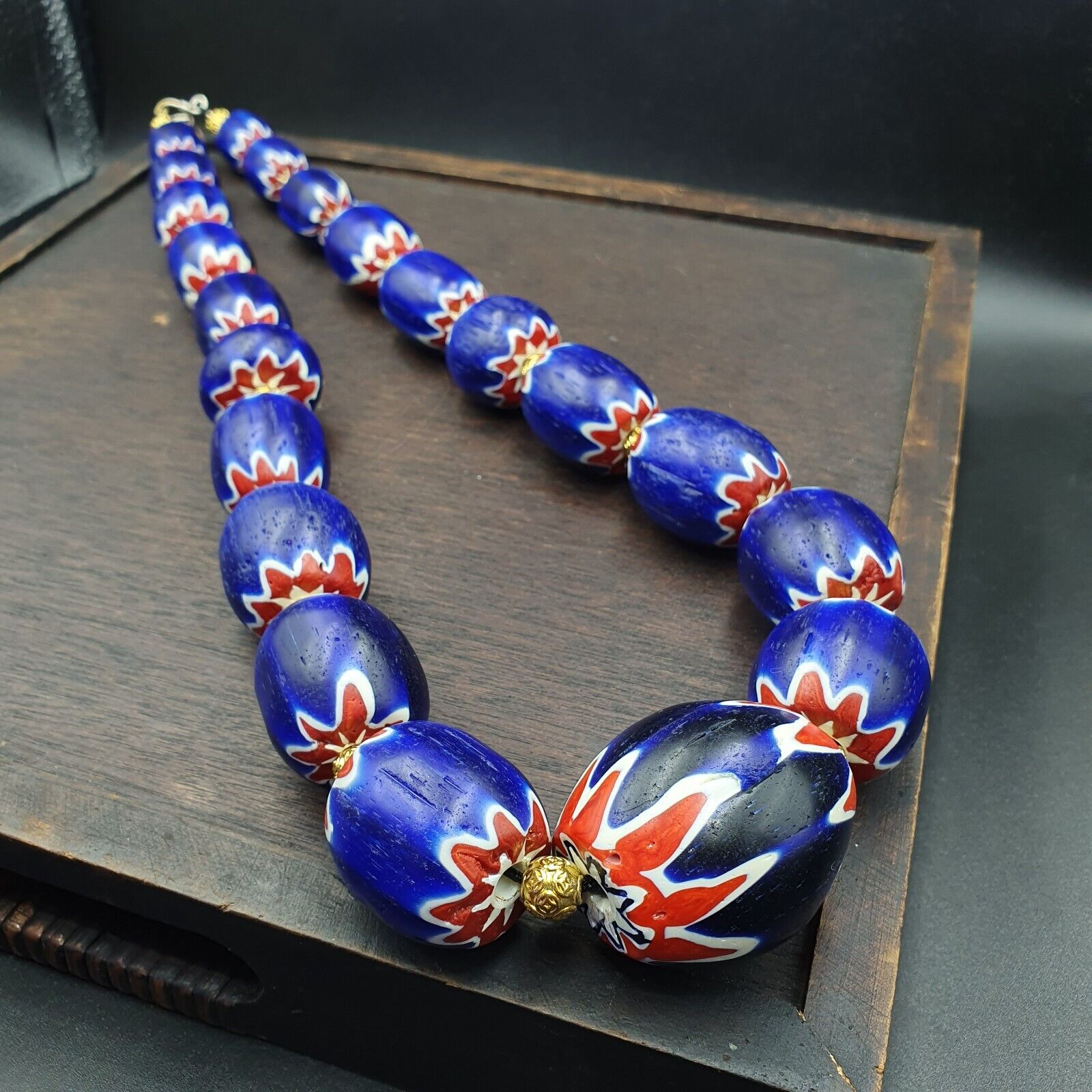 600g Vintage Old Blue Chevron Venetian Style Trade beads 40mm Beads Necklace