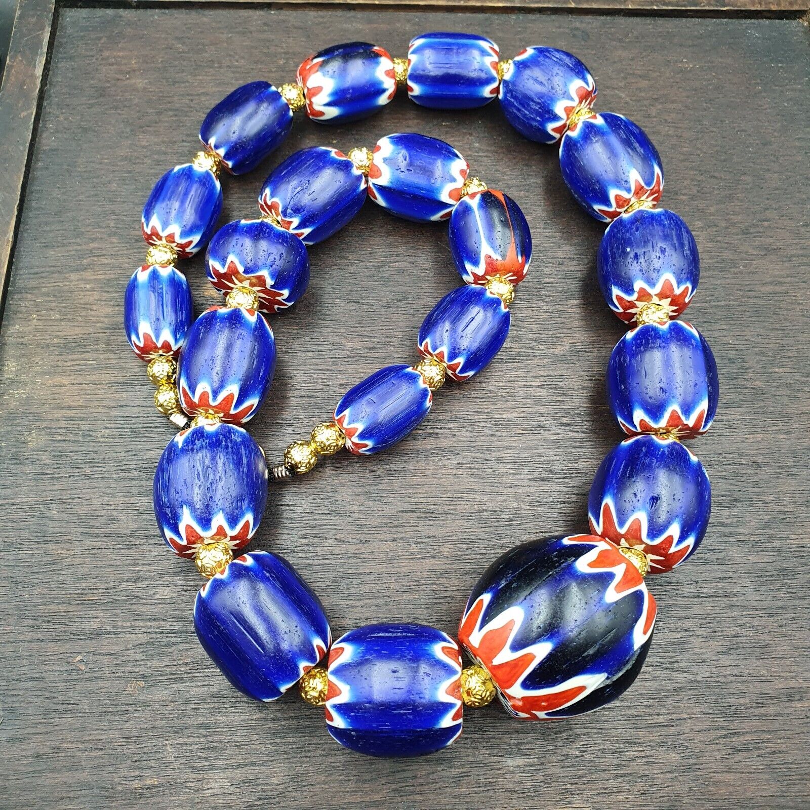 600g Vintage Old Blue Chevron Venetian Style Trade beads 40mm Beads Necklace