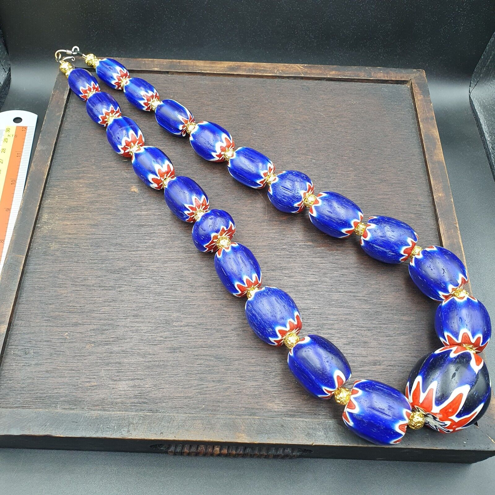 600g Vintage Old Blue Chevron Venetian Style Trade beads 40mm Beads Necklace