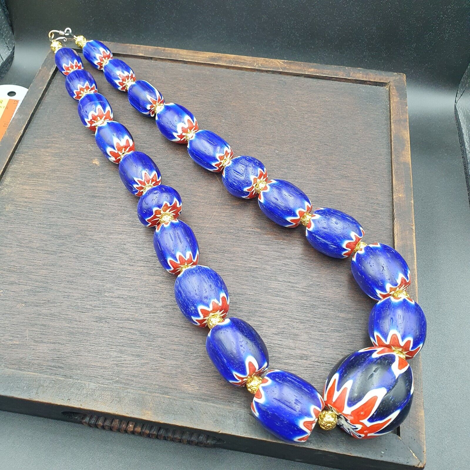 600g Vintage Old Blue Chevron Venetian Style Trade beads 40mm Beads Necklace