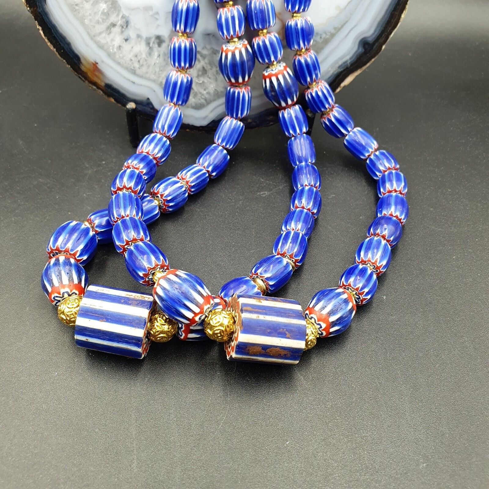 Vintage Chevron and White Heart Venetian Multilayers Glass Beads Necklace N-155
