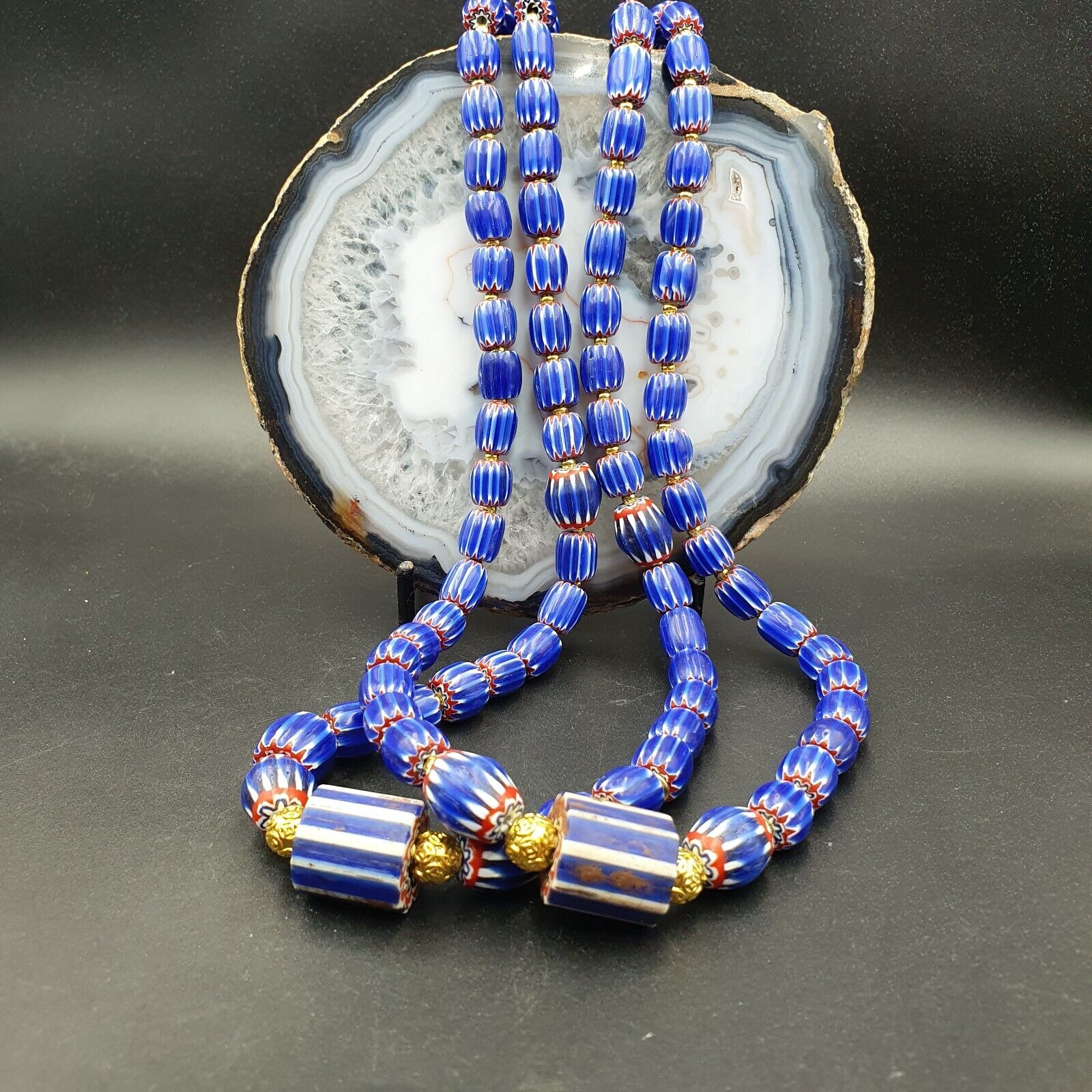 Vintage Chevron and White Heart Venetian Multilayers Glass Beads Necklace N-155