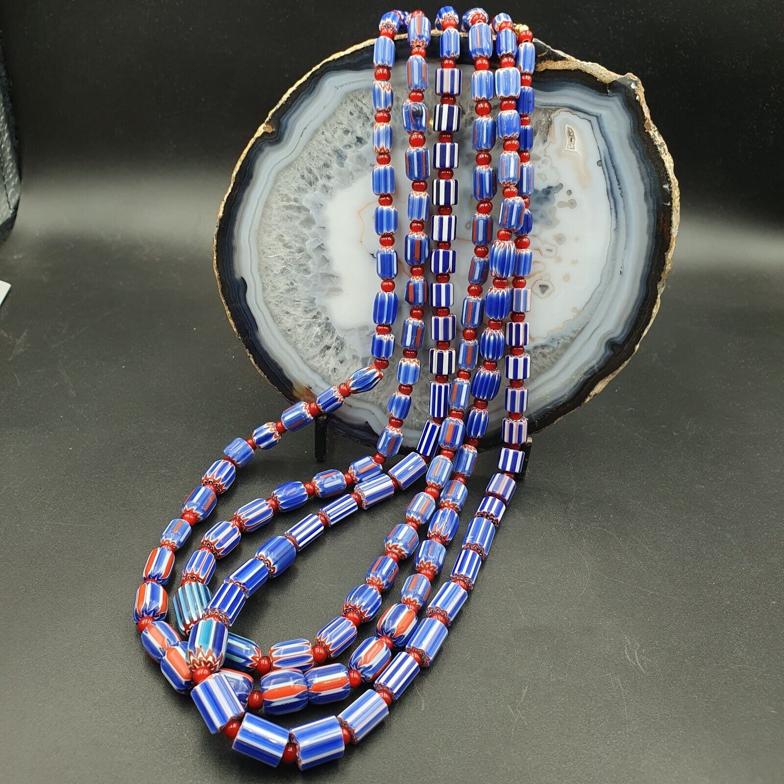 Lot 3 Vintage Chevron and White Heart Venetian Glass Beads Necklace NC-O-3
