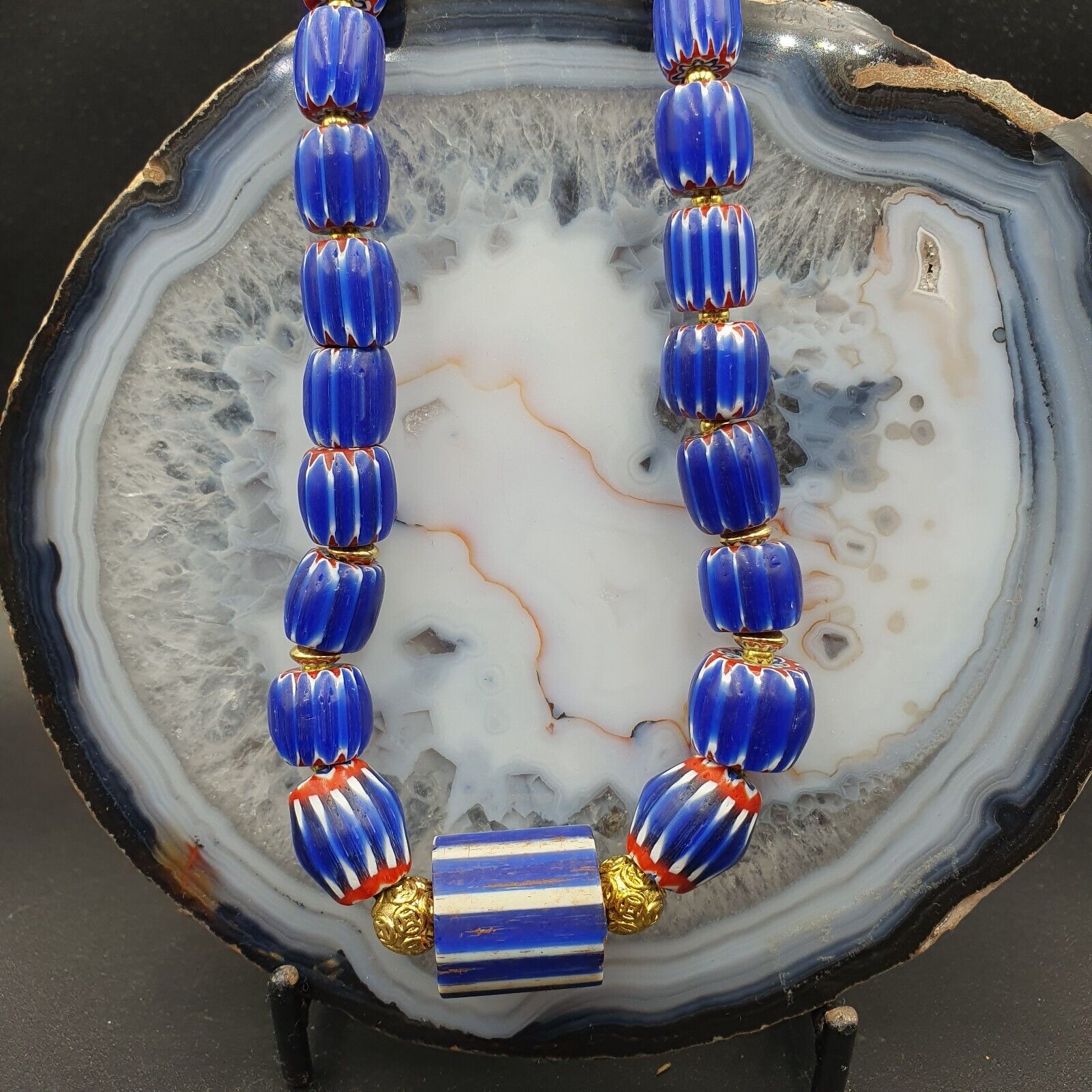 Vintage Chevron and White Heart Venetian Multilayers Glass Beads Necklace N-155