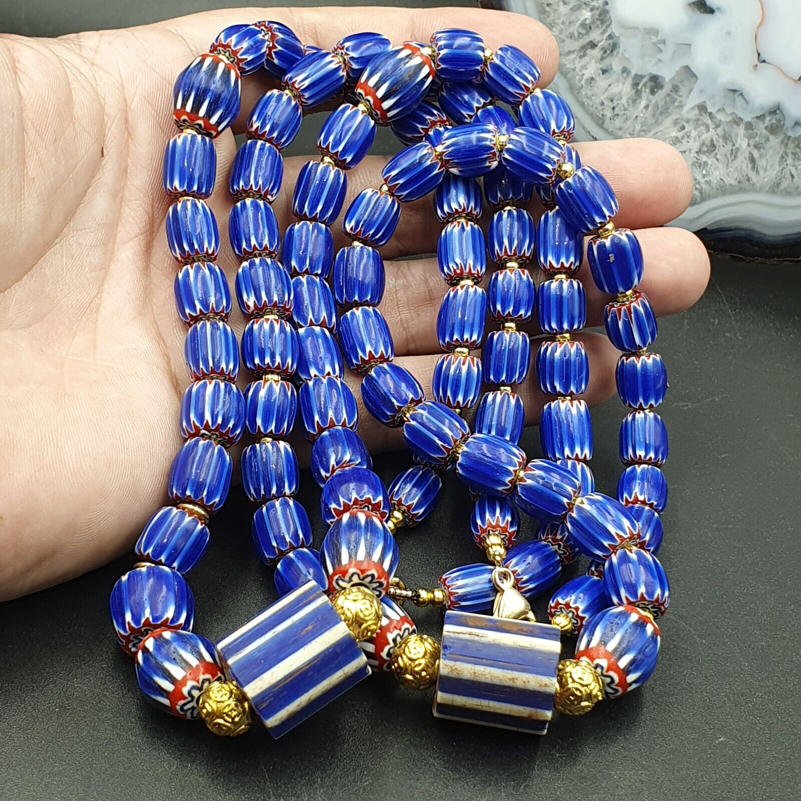 Vintage Chevron and White Heart Venetian Multilayers Glass Beads Necklace N-155