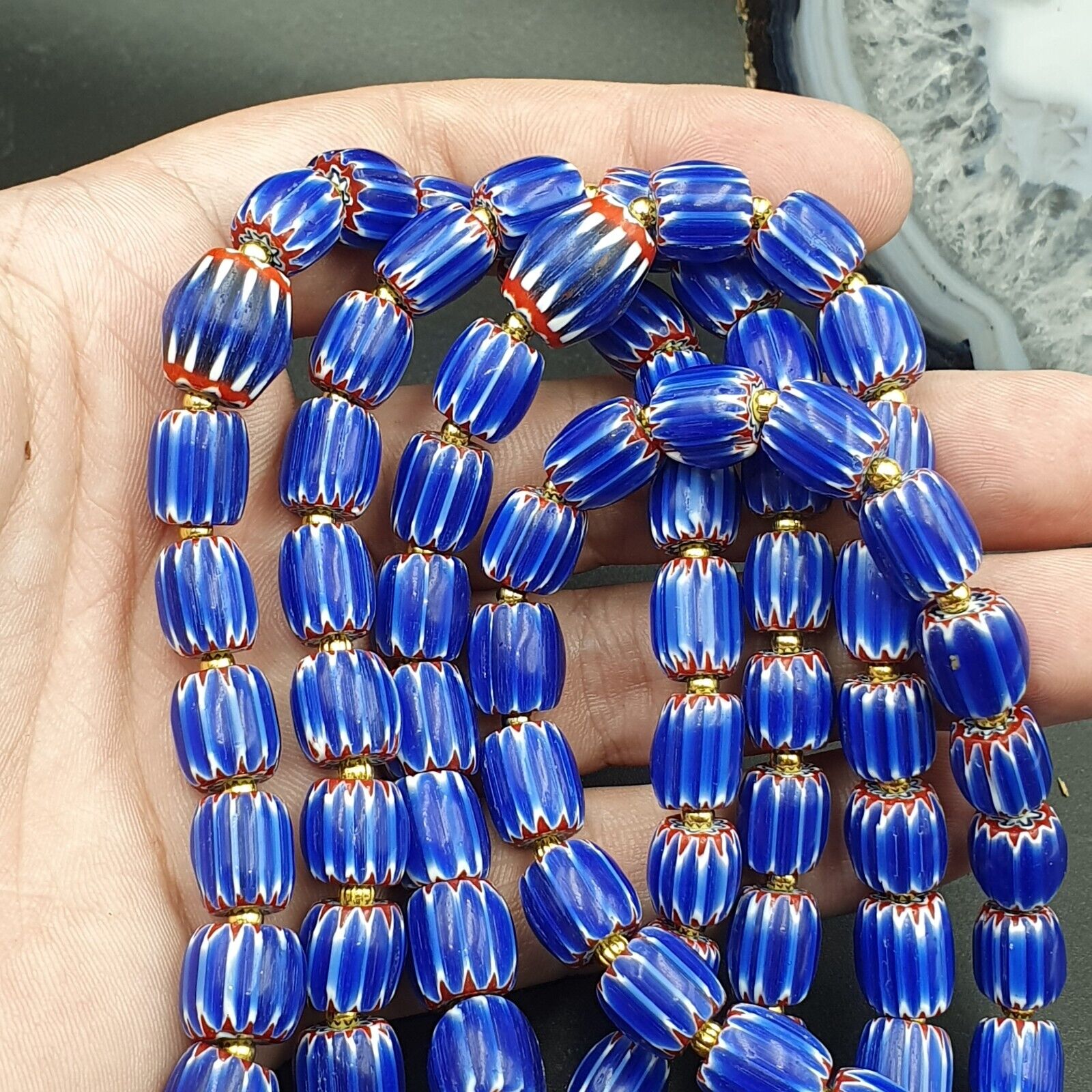 Vintage Chevron and White Heart Venetian Multilayers Glass Beads Necklace N-155