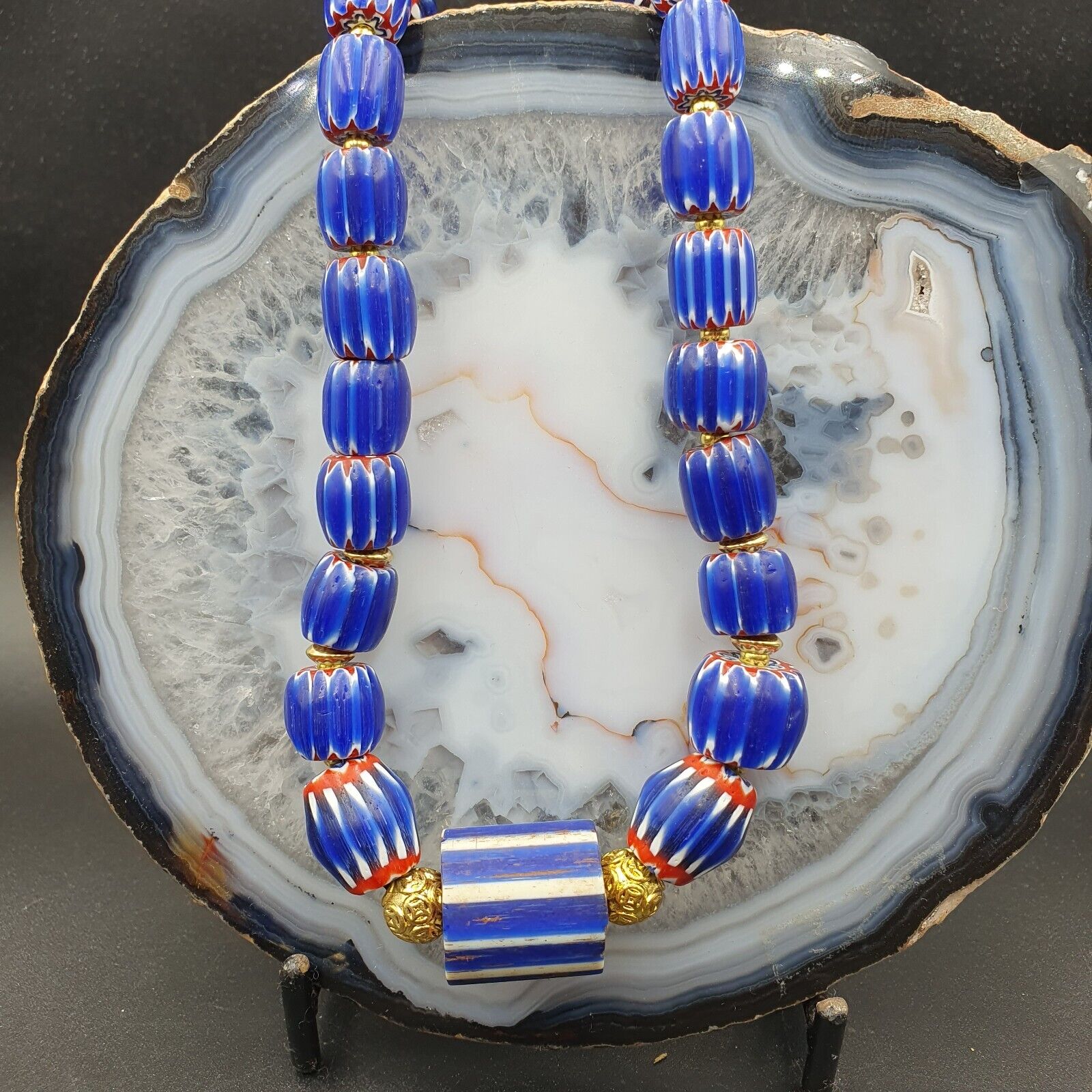 Vintage Chevron and White Heart Venetian Multilayers Glass Beads Necklace N-155