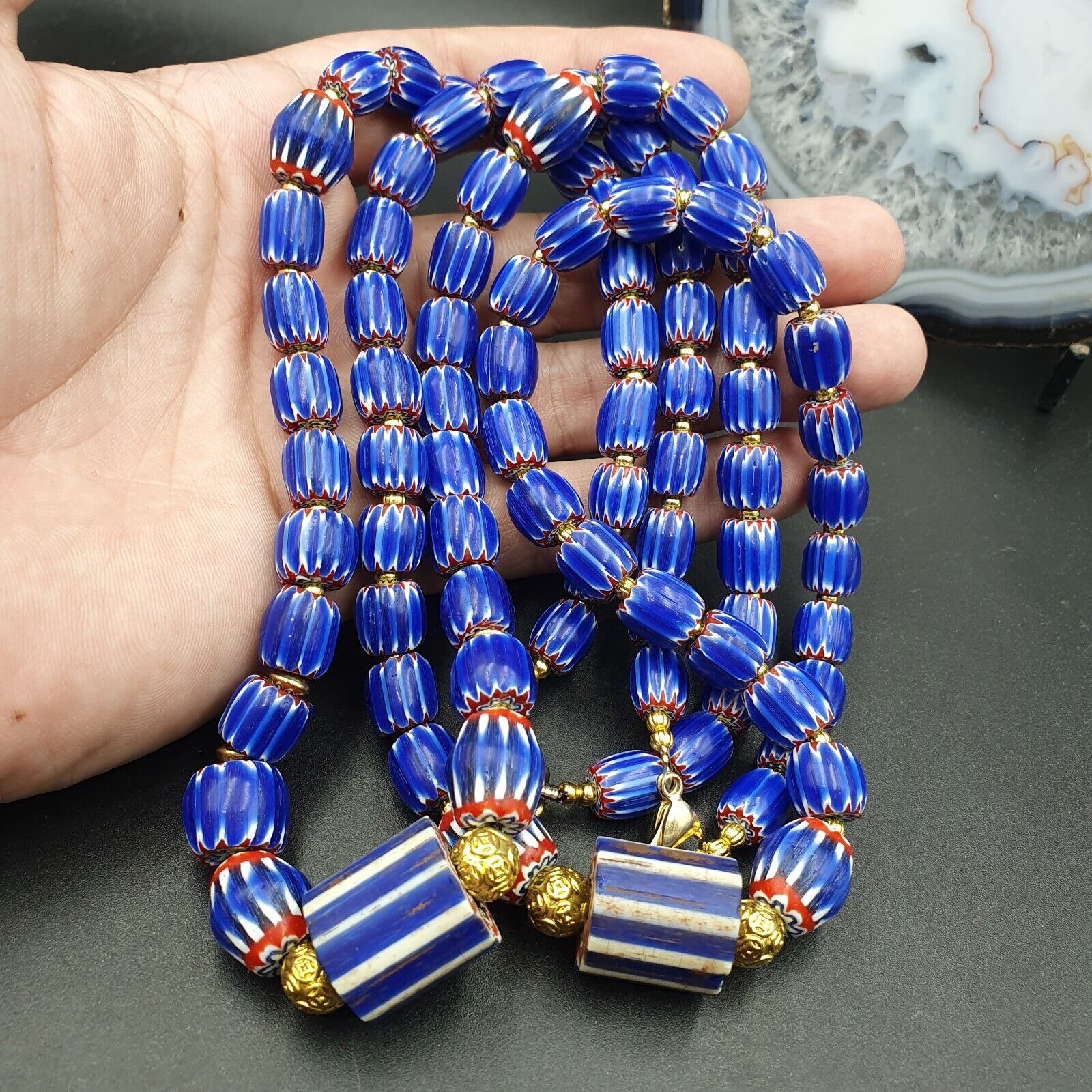 Vintage Chevron and White Heart Venetian Multilayers Glass Beads Necklace N-155