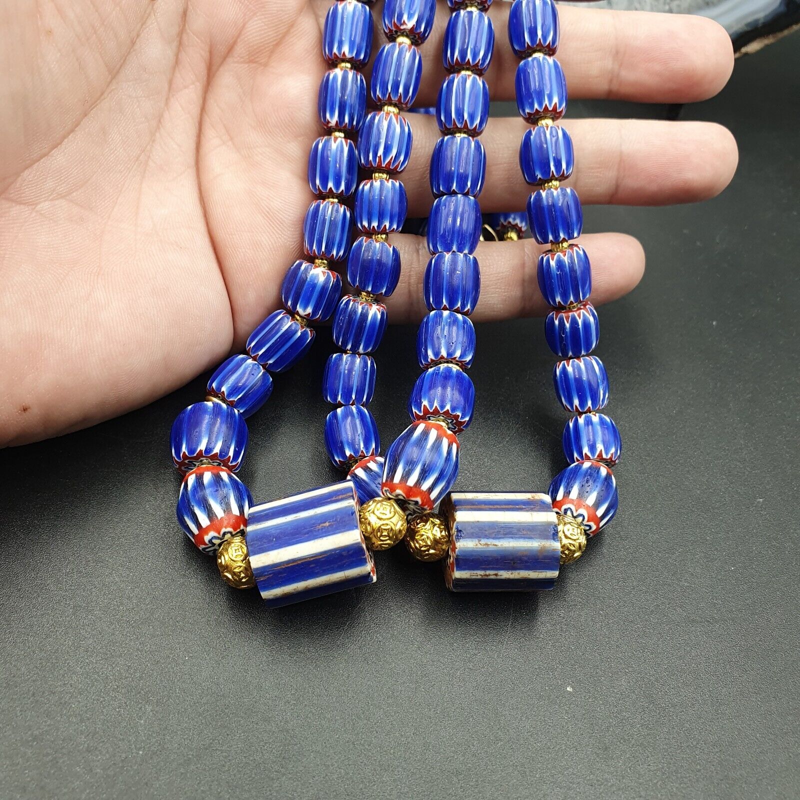 Vintage Chevron and White Heart Venetian Multilayers Glass Beads Necklace N-155