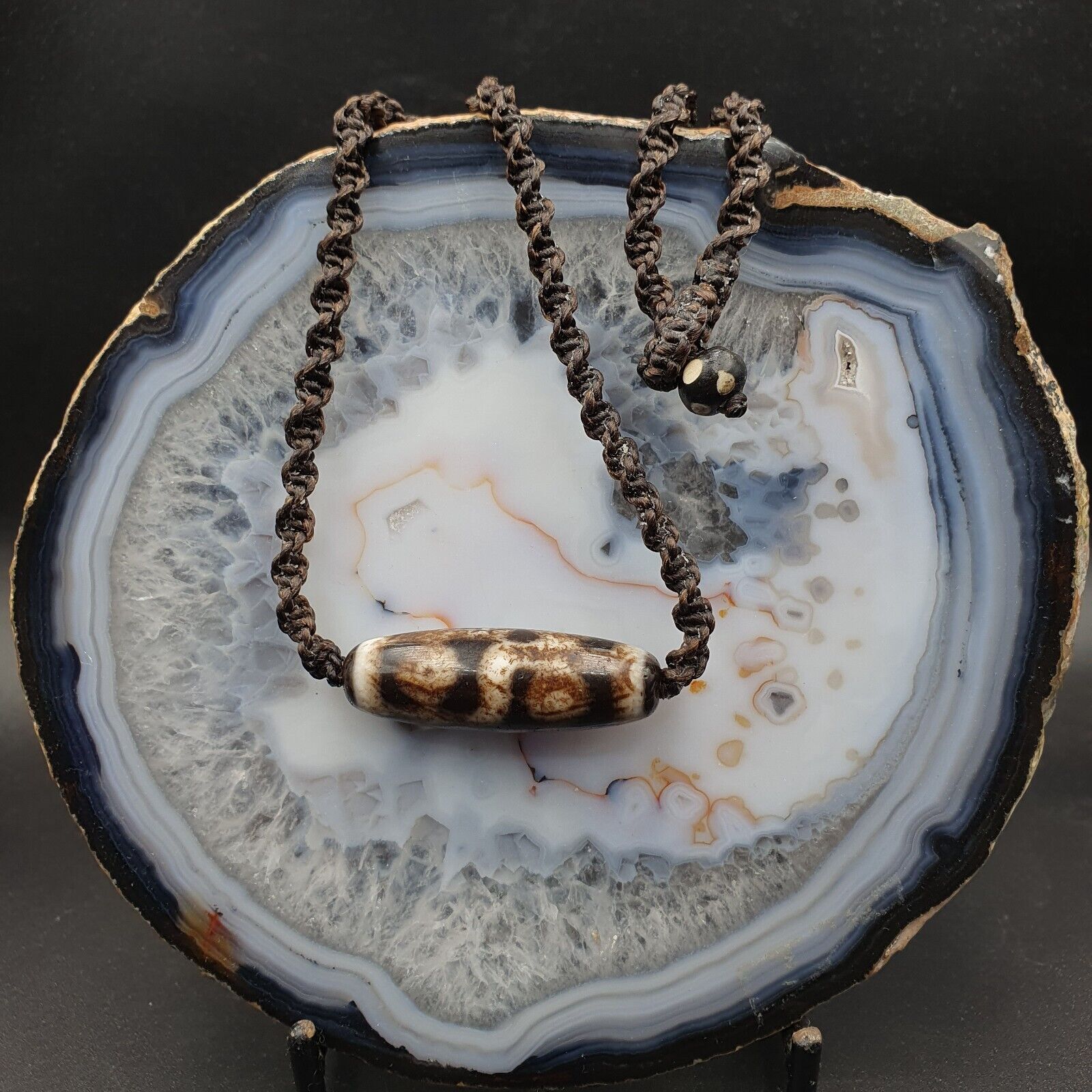 Vintage Old Tibetan 6 Eyes Agate stone Dzi Bead Amulet with 18" wax thread S2