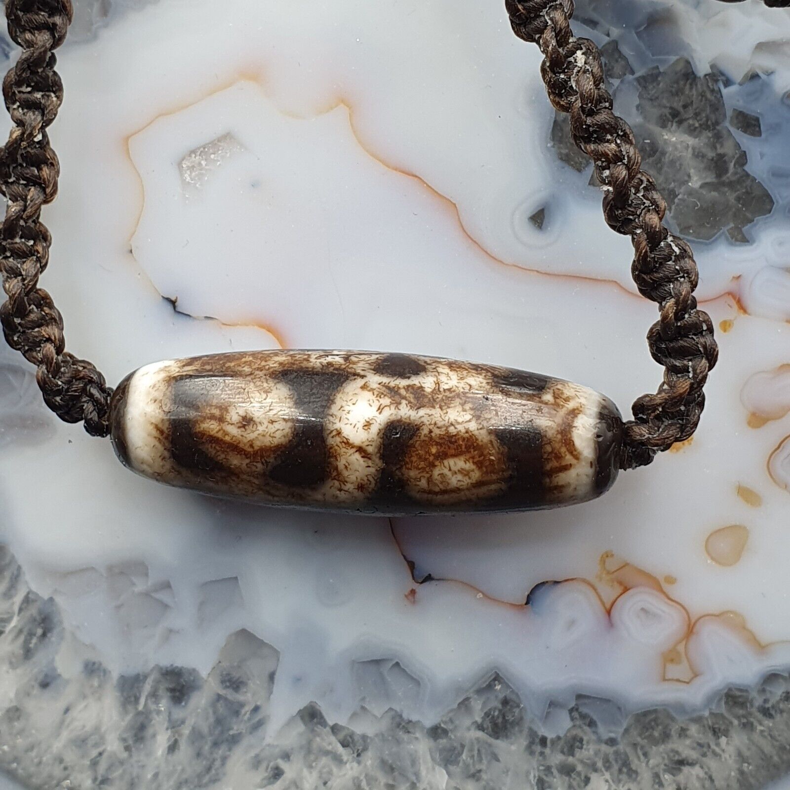 Vintage Old Tibetan 6 Eyes Agate stone Dzi Bead Amulet with 18" wax thread S2