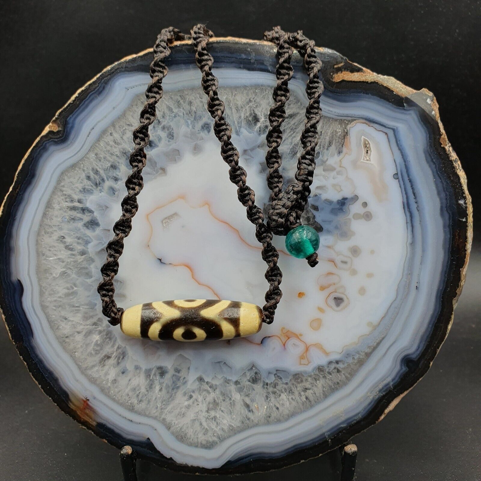 S5 Vintage Old Tibetan 2 Eyes Agate stone Dzi Bead Amulet with 18" wax thread