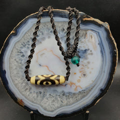 S5 Vintage Old Tibetan 2 Eyes Agate stone Dzi Bead Amulet with 18" wax thread