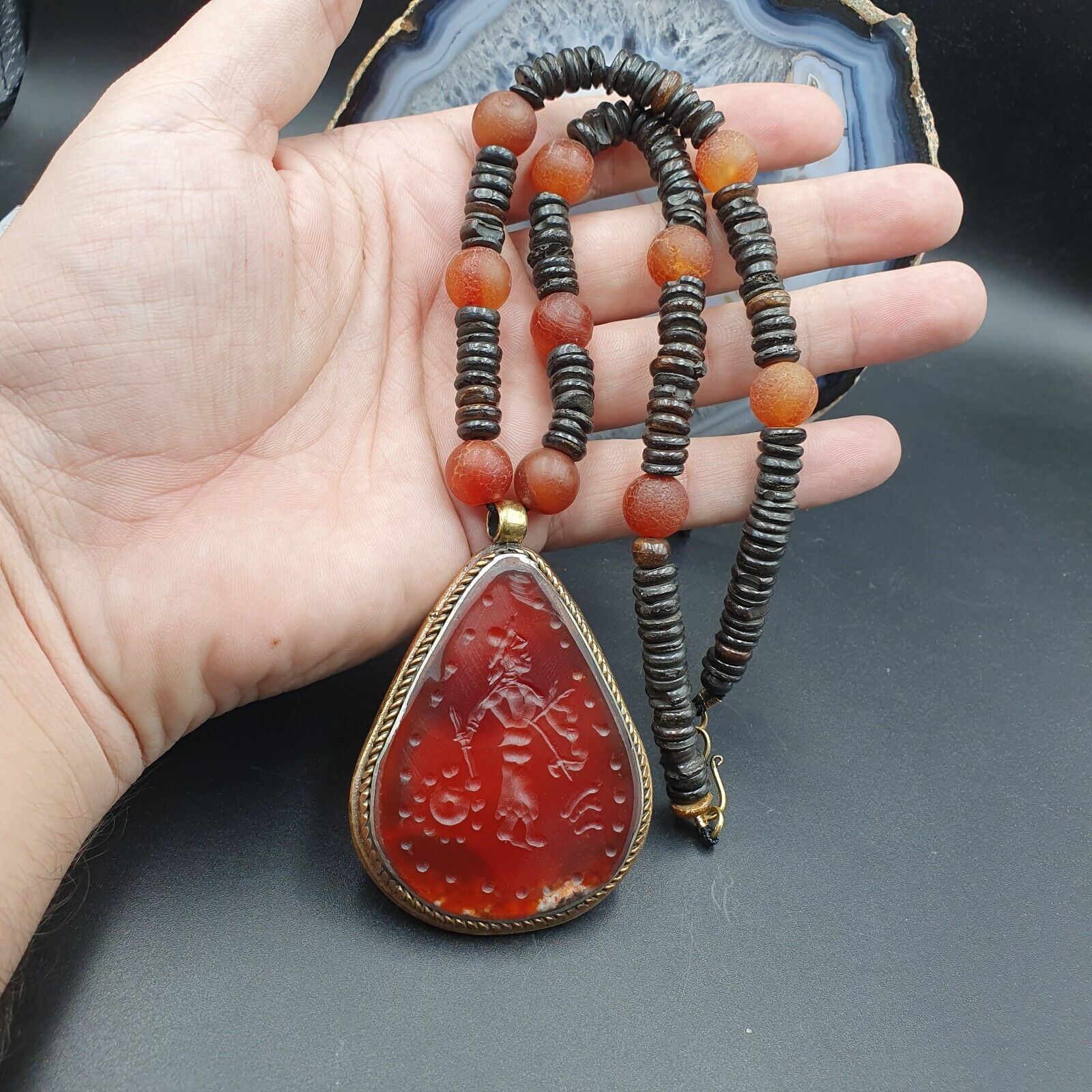 Antique Wonderful Carving Agate pendent Carved Rare Seal necklace