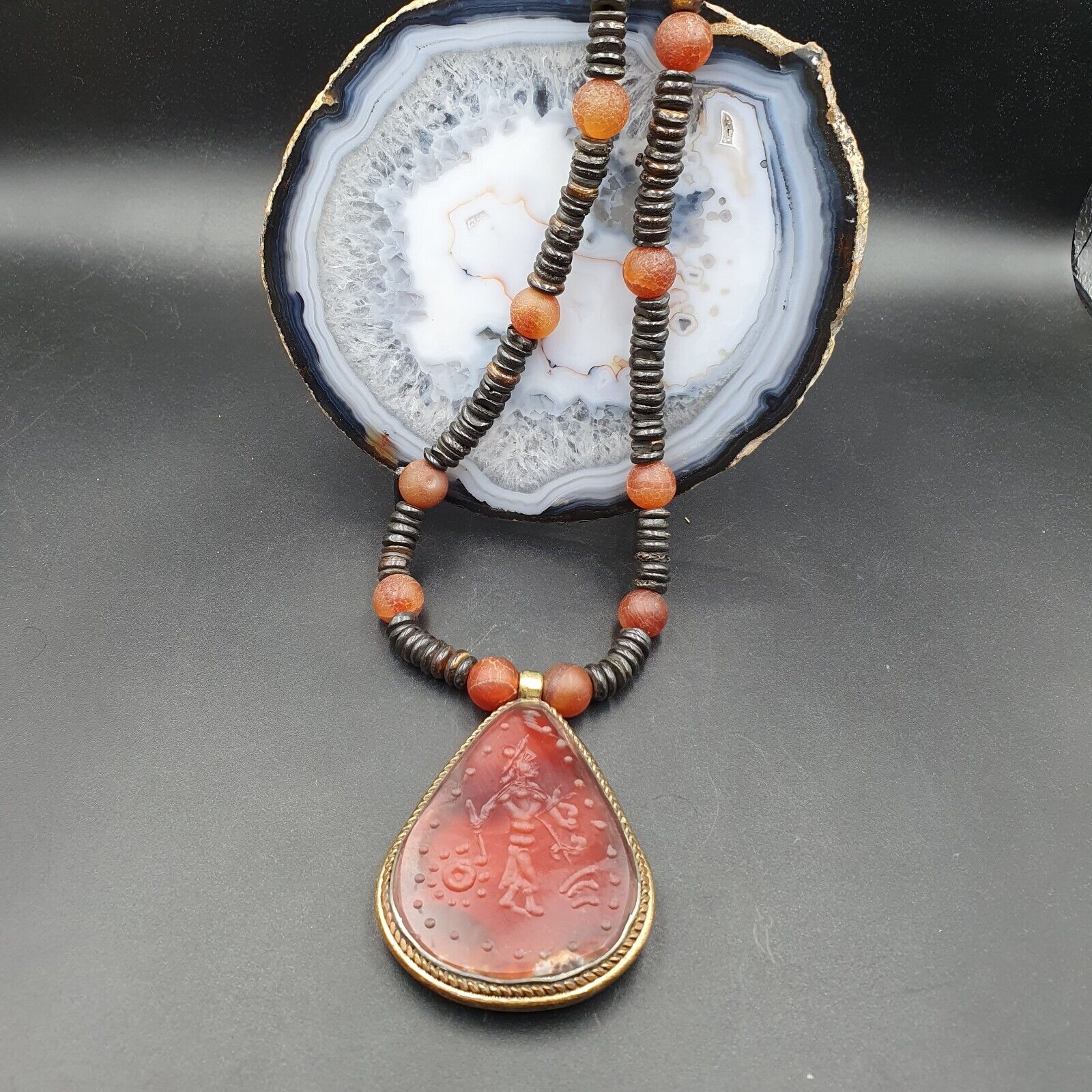 Antique Wonderful Carving Agate pendent Carved Rare Seal necklace