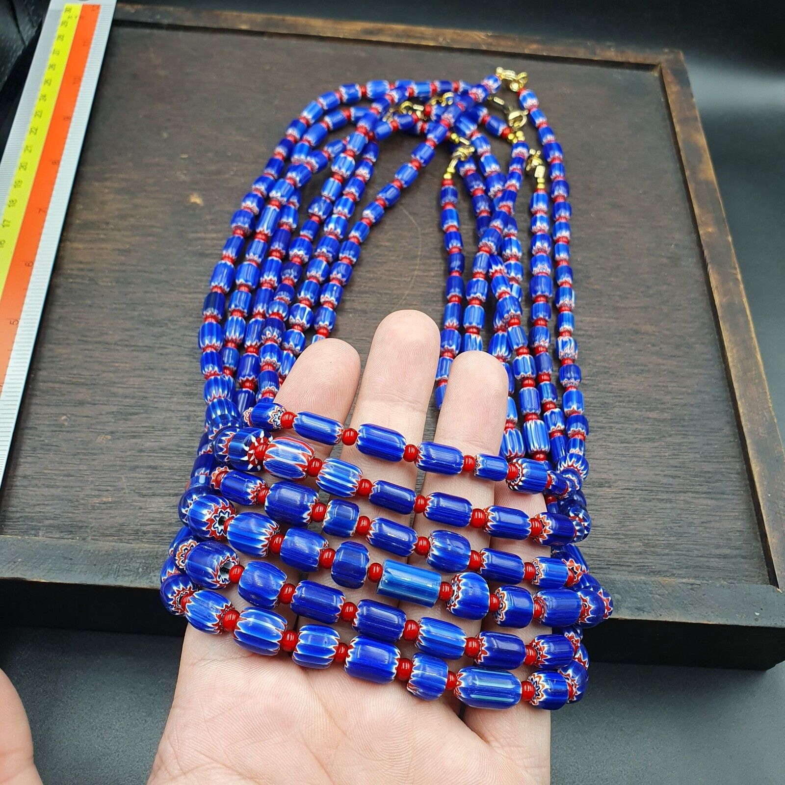 Vintage Blue Chevron And Red White Heart Venetian Beads Necklace