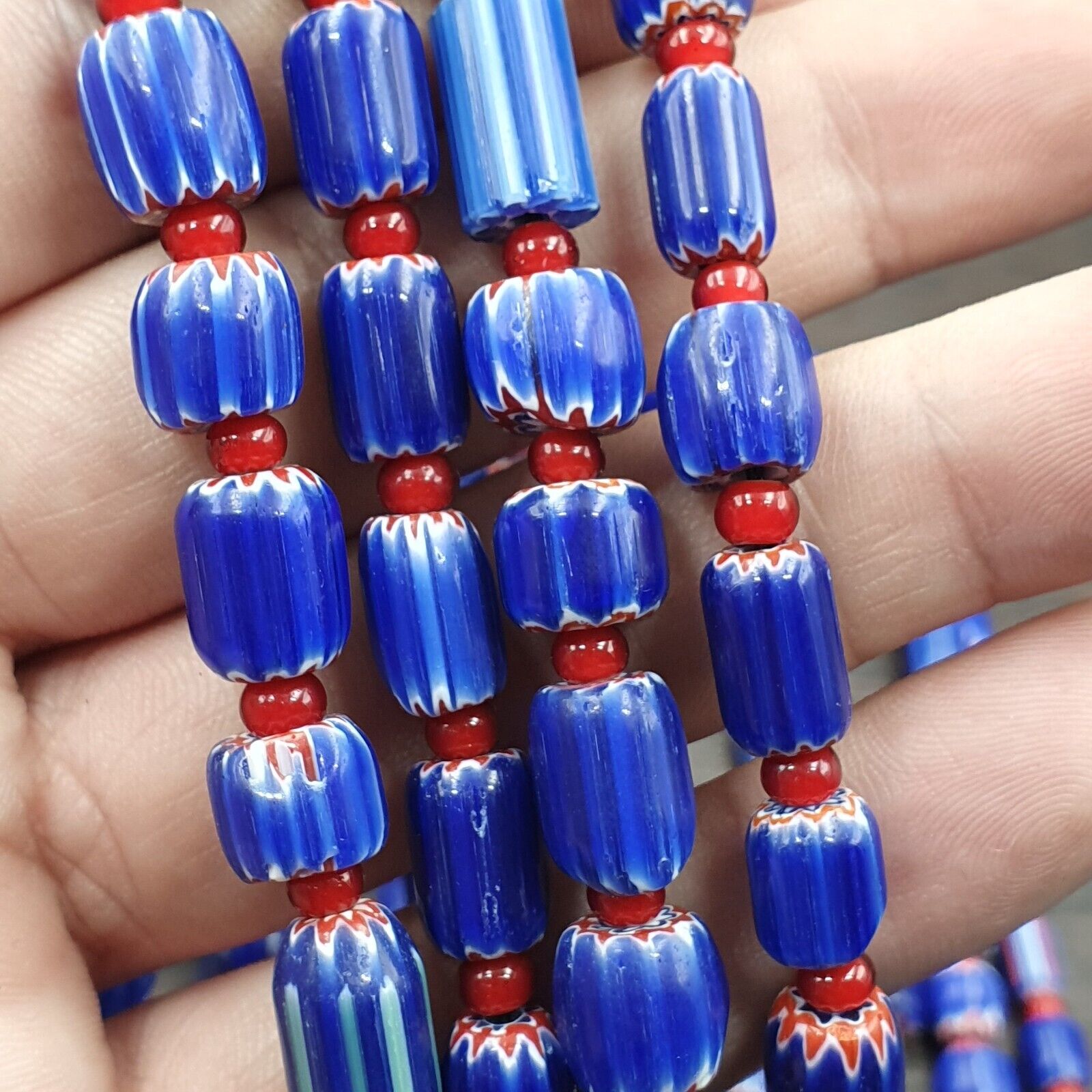 Vintage Blue Chevron And Red White Heart Venetian Beads Necklace