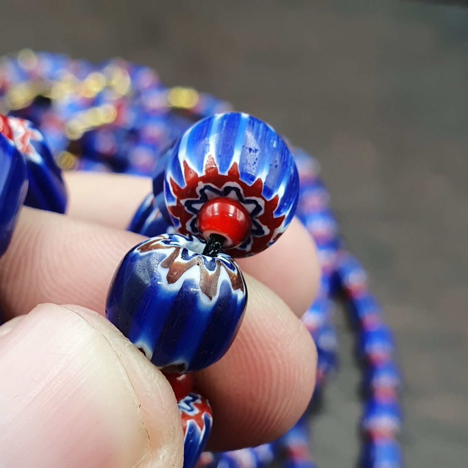 Vintage Blue Chevron And Red White Heart Venetian Beads Necklace