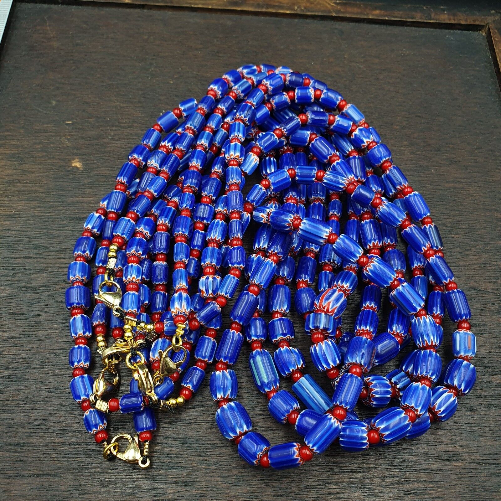 Vintage Blue Chevron And Red White Heart Venetian Beads Necklace