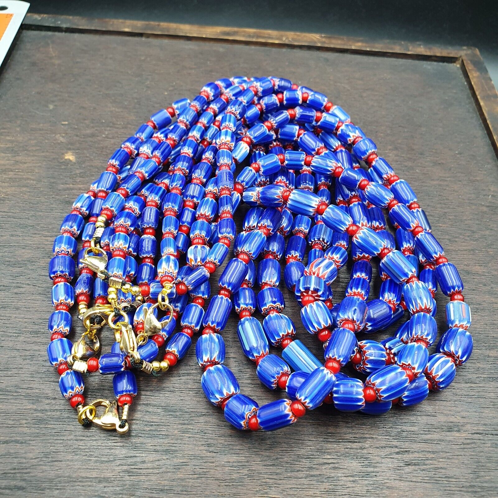 Vintage Blue Chevron And Red White Heart Venetian Beads Necklace
