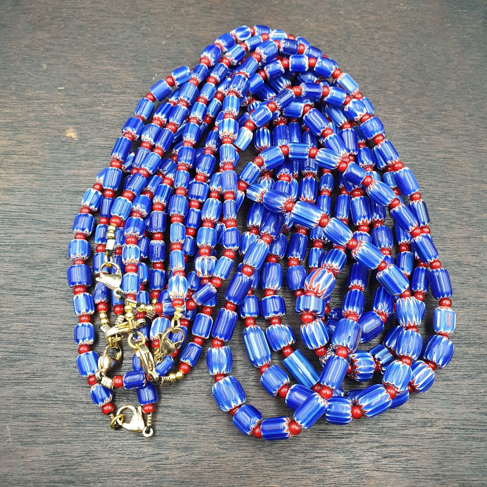 Vintage Blue Chevron And Red White Heart Venetian Beads Necklace
