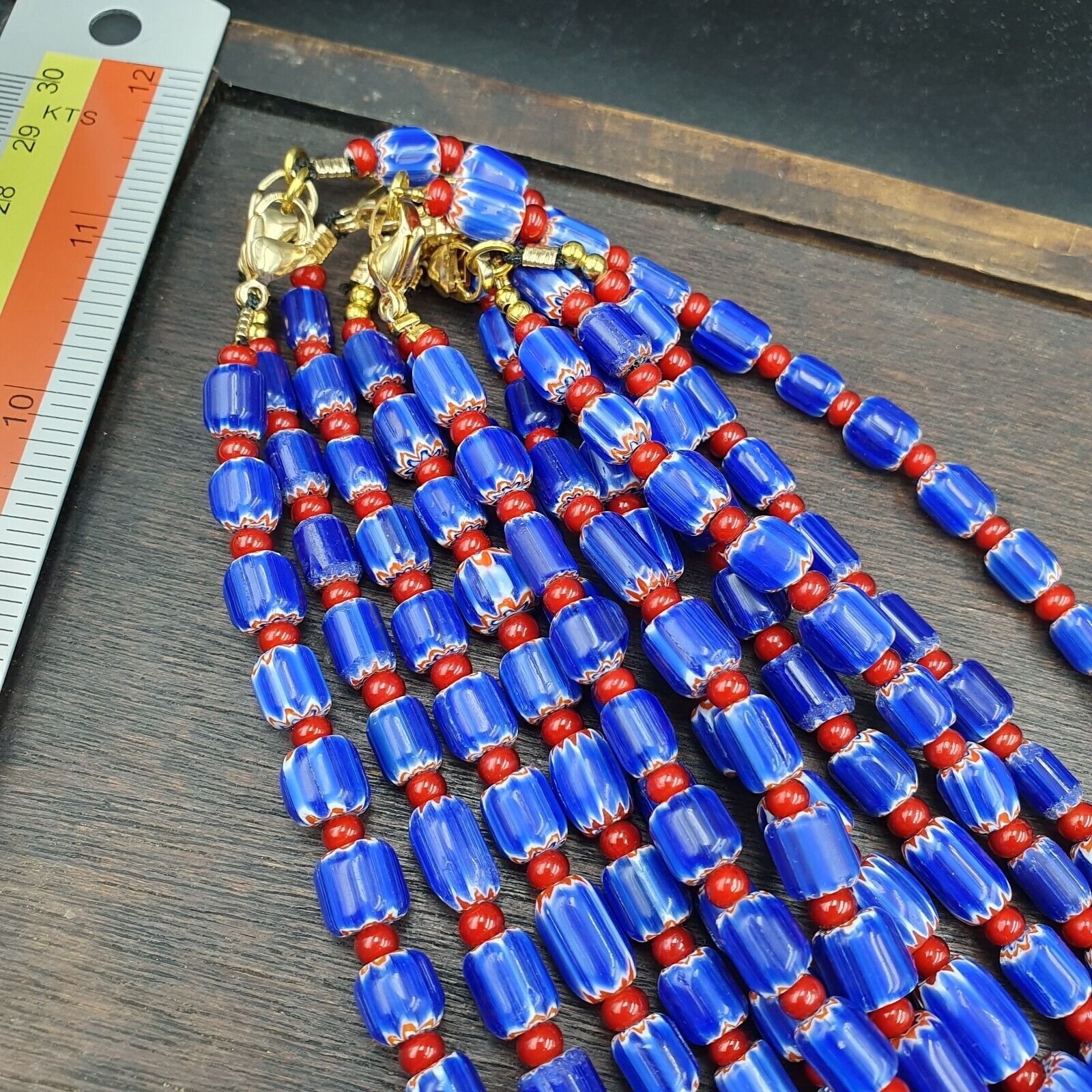 Vintage Blue Chevron And Red White Heart Venetian Beads Necklace