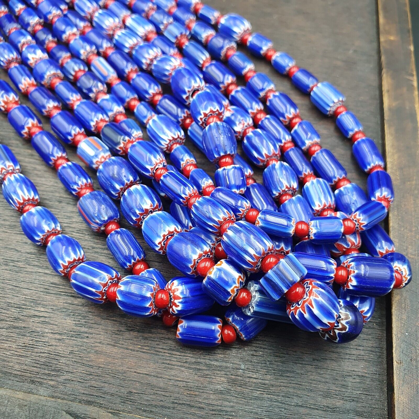 Vintage Blue Chevron And Red White Heart Venetian Beads Necklace