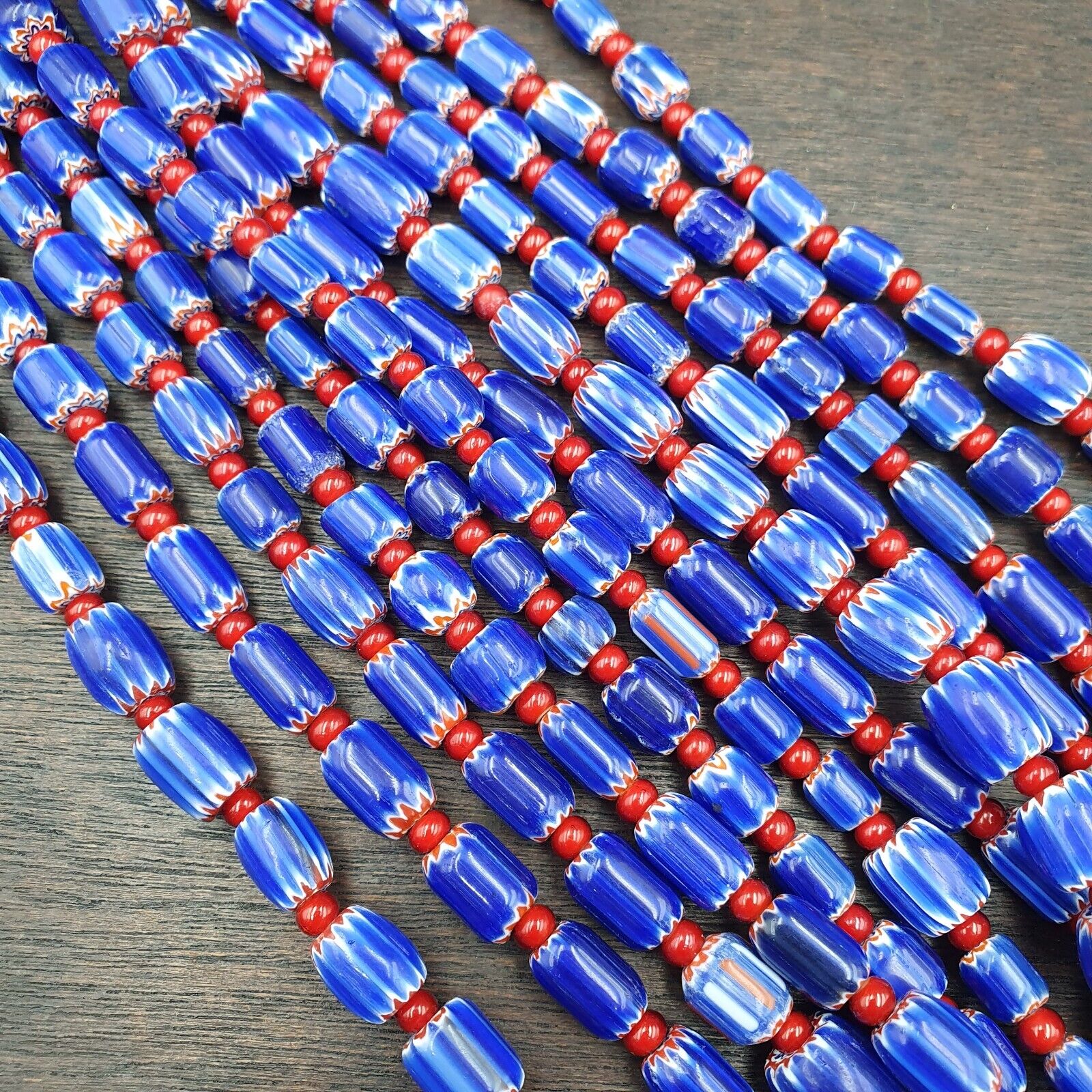 Vintage Blue Chevron And Red White Heart Venetian Beads Necklace