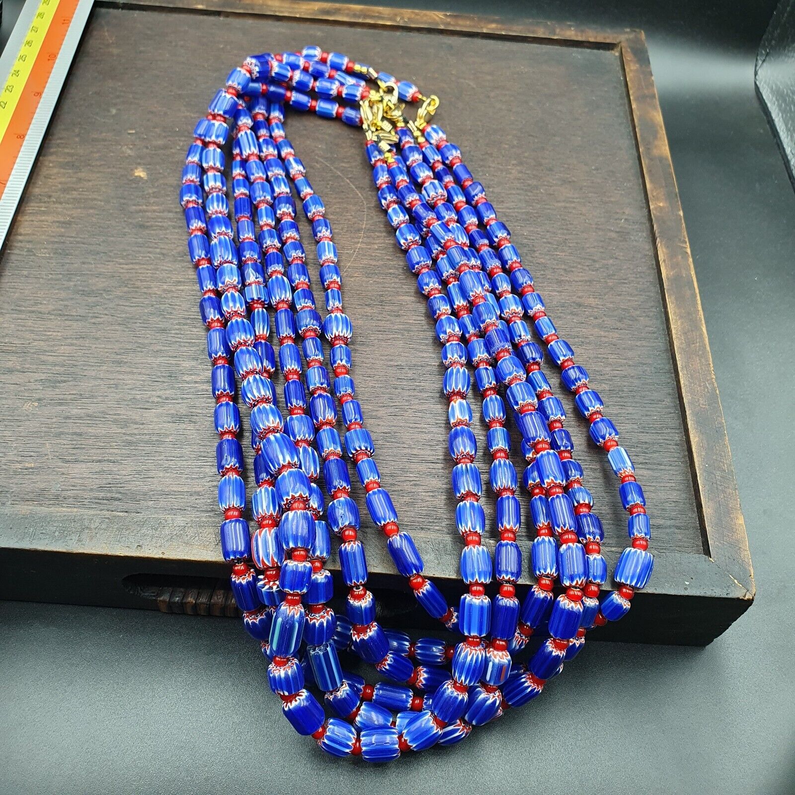 Vintage Blue Chevron And Red White Heart Venetian Beads Necklace