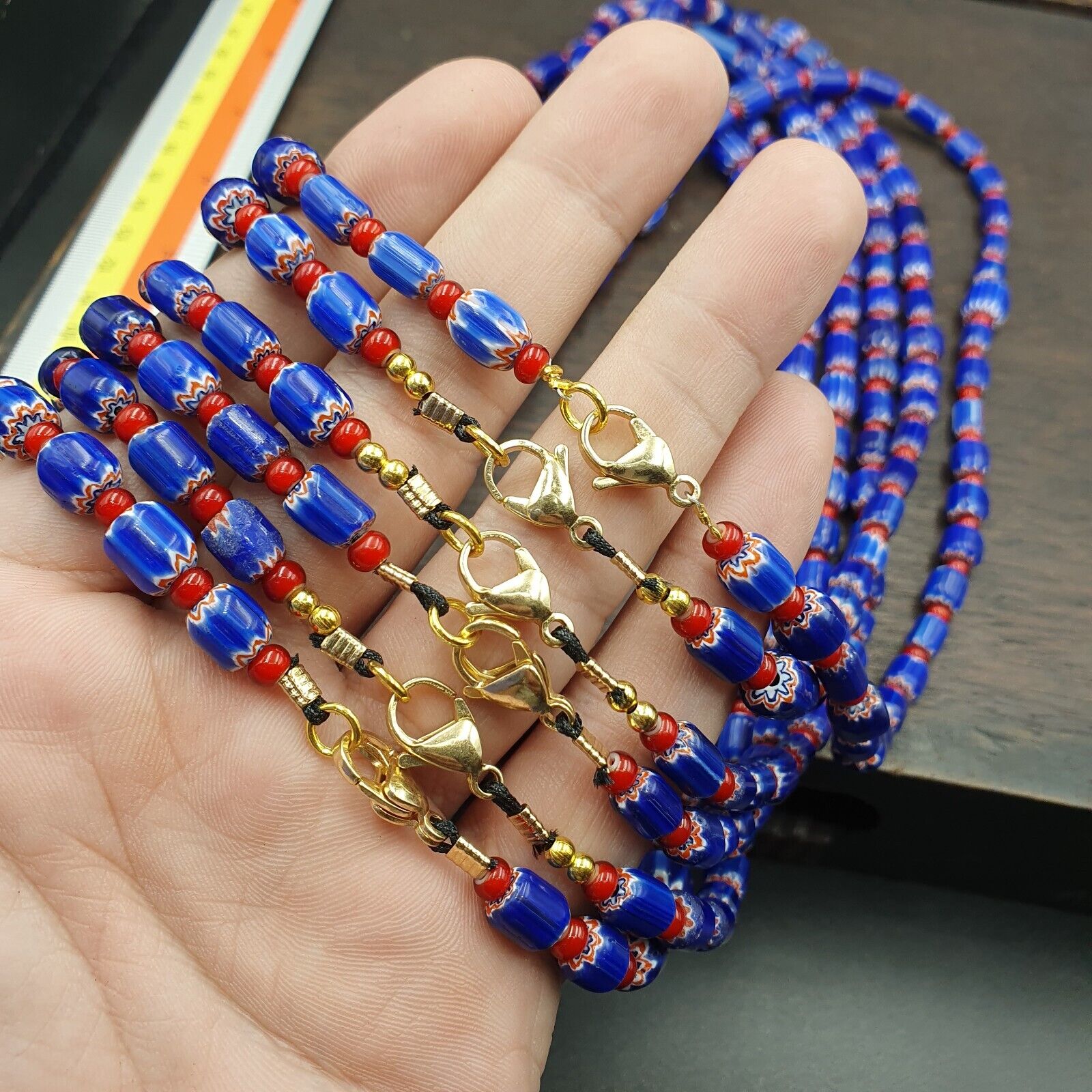 Vintage Blue Chevron And Red White Heart Venetian Beads Necklace