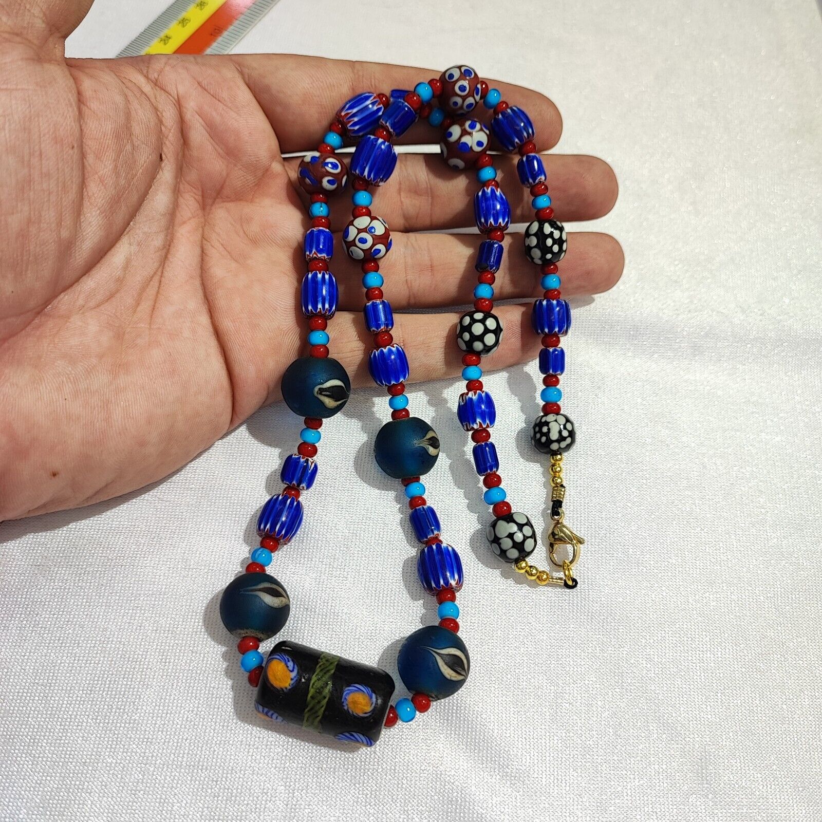 N94 Blue Chevron and White Heart Venetian Beads African Glass Beads Necklace