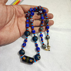 N94 Blue Chevron and White Heart Venetian Beads African Glass Beads Necklace