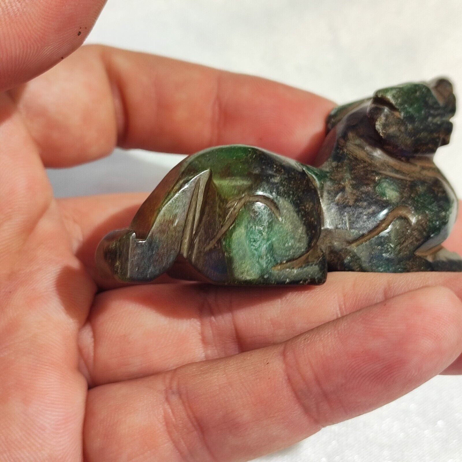 Antique Green jade Stone mysterious animal carving Stone Bead Amulet MG-9-11